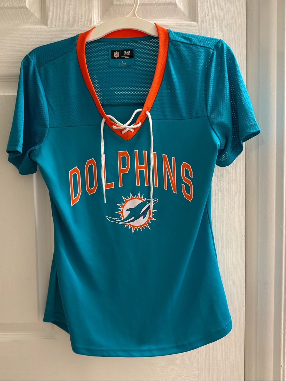 NFL Miami Dolphins Teal and Orange Lace-Up V-Neck Jersey